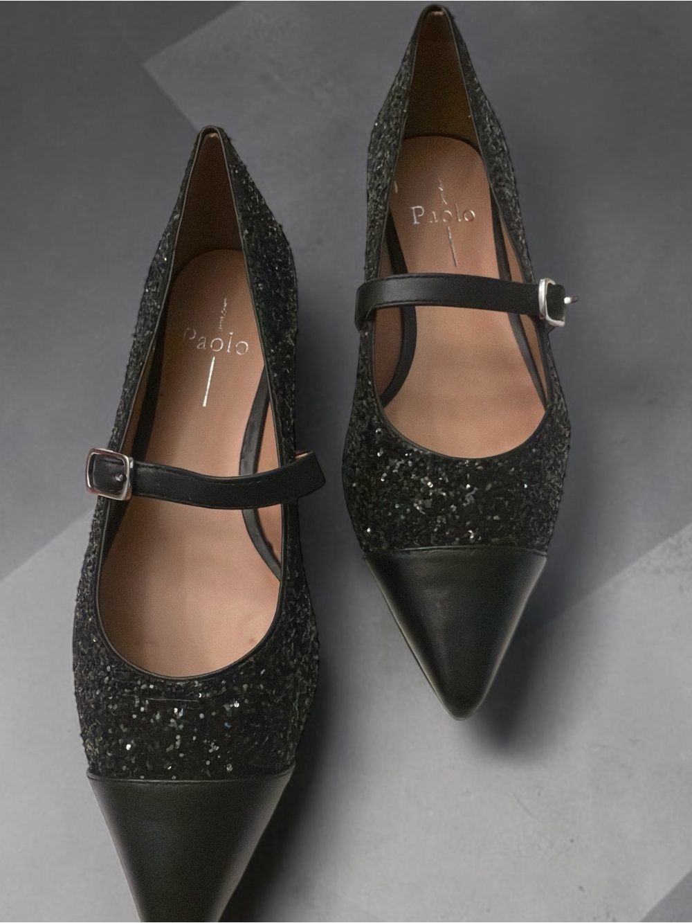 Paolo Black Glitter Pointed Mary Jane Flats with Buckle Strap